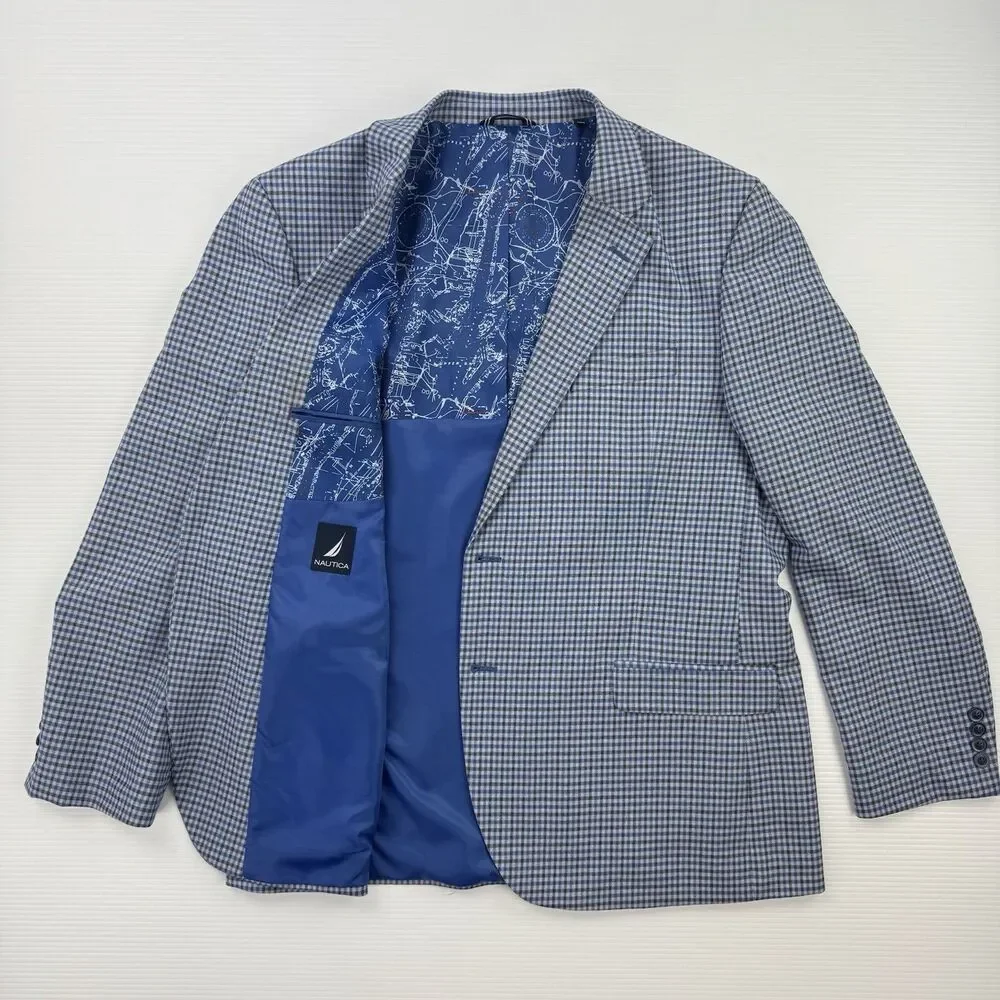 Nautica Mens Blue Plaid Blazer Sport Coat Stretch Map Lining 48R